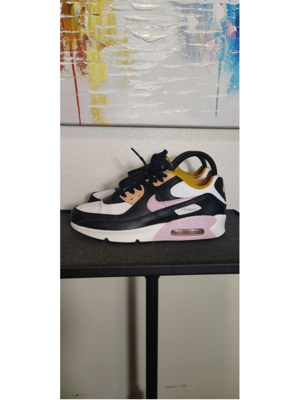 Nike Air Max 90 Shoes Youth Size 4.5Y Black Pink Leather Sneakers CD6864-007